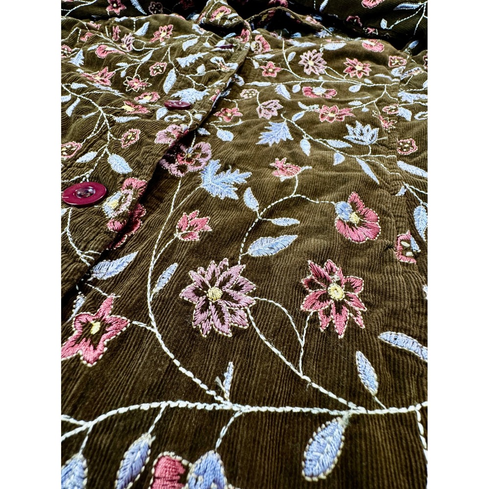 Johnny Was Embroidered Corduroy Long Coat Jacket Brown Floral Boho Whimsigoth S - Picture 8 of 10